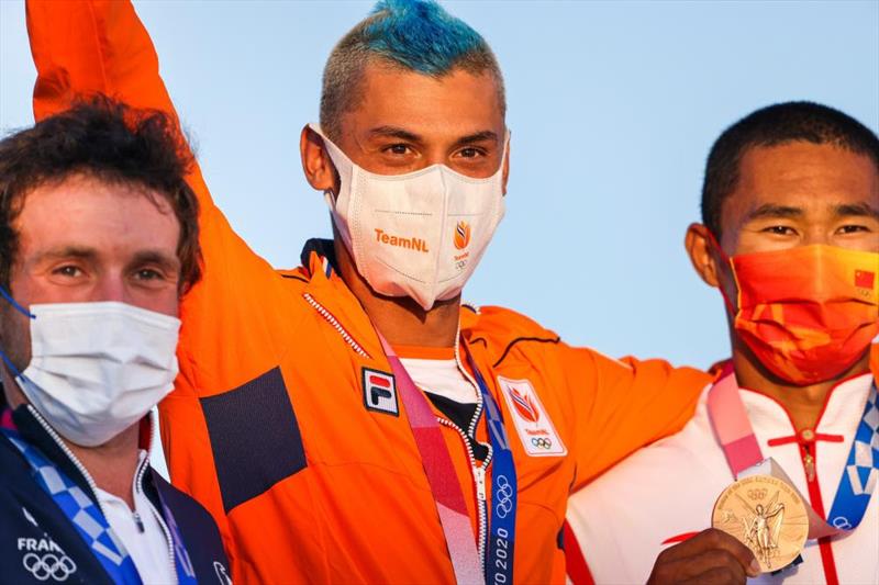 Kiran Badloe (NED), Thomas Goyard (FRA) and BI Kun (CHN) on the podium for men's windsurfing at the Tokyo 2020 Olympic Sailing Competition photo copyright Sailing Energy / World Sailing taken at  and featuring the RS:X class