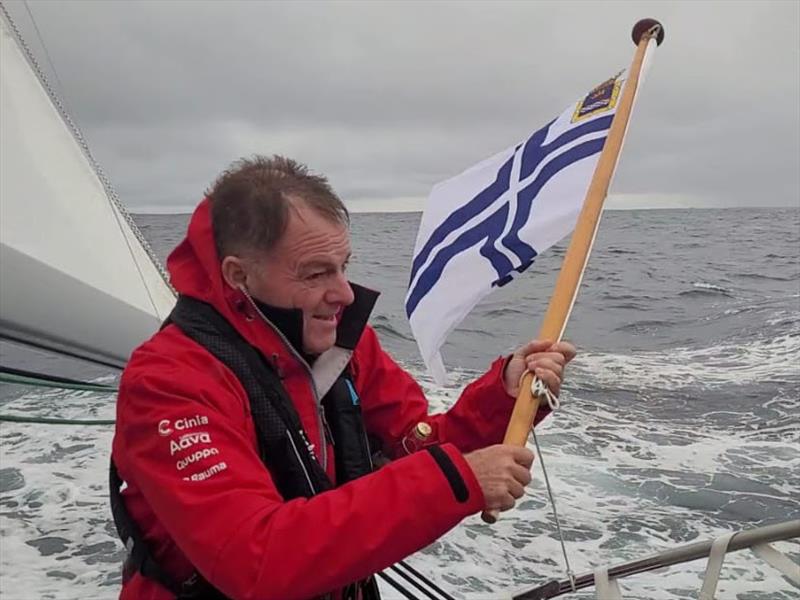 A man of tradition Tapio shows his respect to Asteria which sank within minutes in the Southern Ocean - photo © OGR2023 / Galiana WithSecure