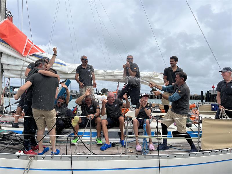 Christmas Champagne for White Shadow celebrating after 46 days at sea - photo © OGR2023 / Jacqueline Kavanagh