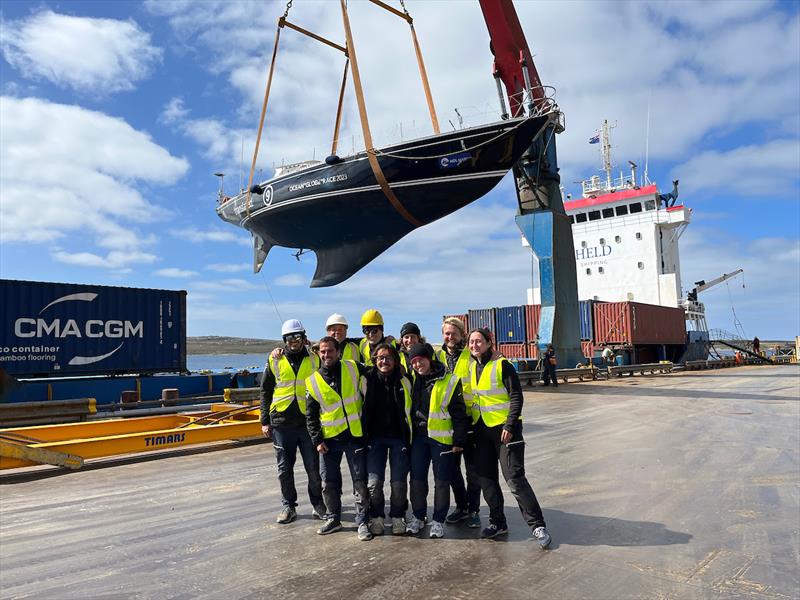 At the Falkland-Malvinas, the boat is going in the water again, ready to race the tailenders of the fleet – not something Translated 9 ever thought they'd read!! - Ocean Globe Race photo copyright Translated 9 taken at  and featuring the Ocean Globe Race class