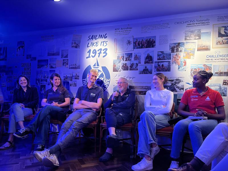 Skipper Campbell Mackie and navigator India Syms from Outlaw explains to the Yacht Club Punta del Este members the complexities of racing around the world using the sun and stars for navigation photo copyright JJ / OGR2023 taken at  and featuring the Ocean Globe Race class