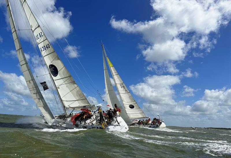 Spirit of Helsinki FI (71) led the charge across the Leg 4 starting line, with Outlaw AU (08) following closely behind photo copyright Aïda Valceanu / OGR2023 taken at  and featuring the Ocean Globe Race class