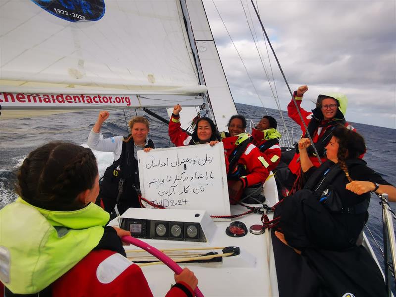 The Maiden Crew and Afghan sailor Najiba, celebrate International Women's Day with a special message of support for the women of Afghanistan. “Women and girls of Afghanistan, We stand with you and beside you. Bread, Jobs, Freedom #IWD2024”  photo copyright OGR2023 / Maiden taken at  and featuring the Ocean Globe Race class
