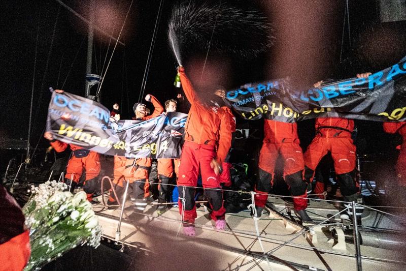 Marie Tabarly and the crew of Pen Duick VI at the finish of the Ocean Globe Race at Cowes - April 12, 2024 photo copyright Tim Bishop/PPL taken at Royal Yacht Squadron and featuring the Ocean Globe Race class