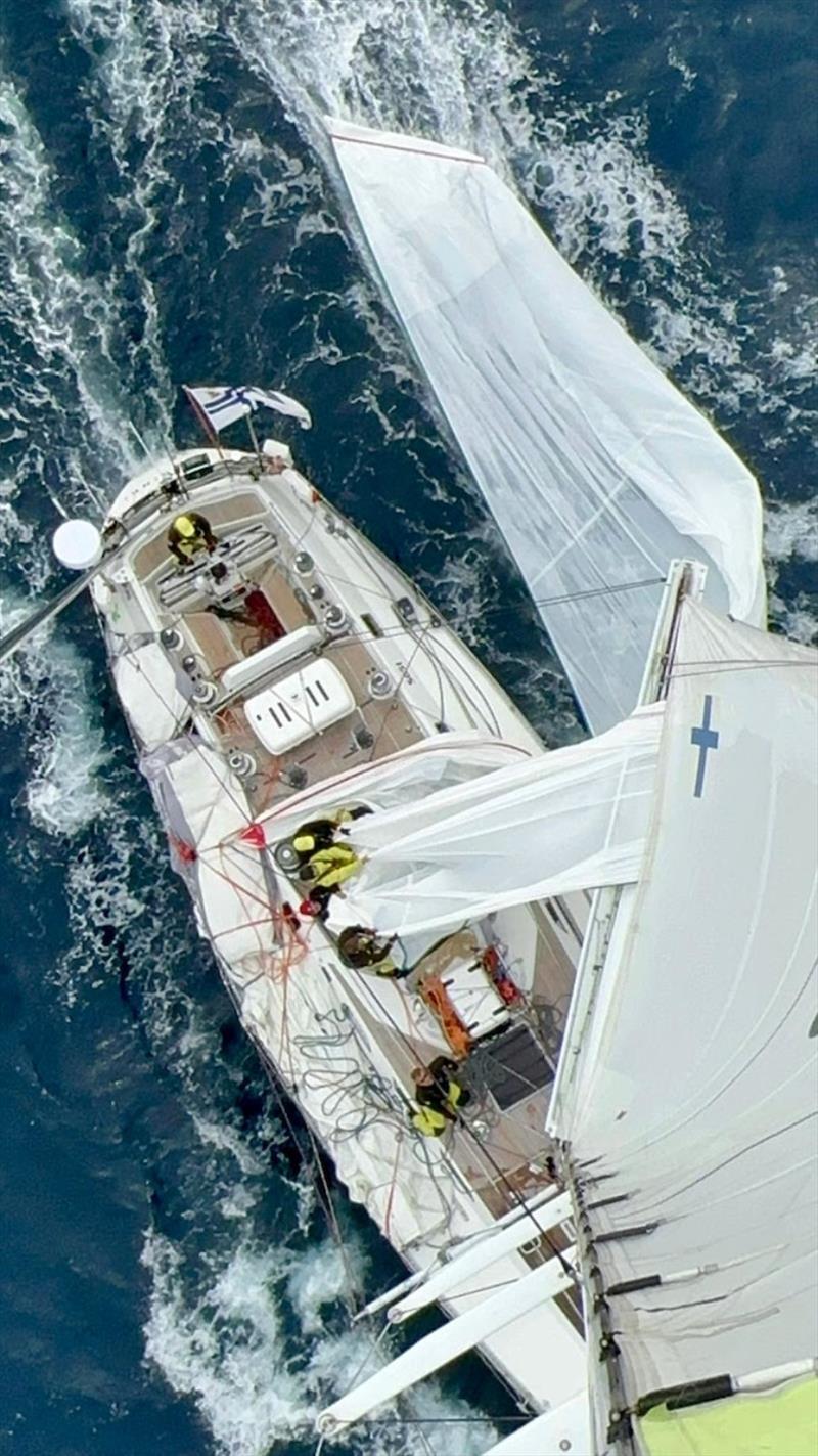 Spirit of Helsinki decide to wash their sails to ensure they look perfect for their arrival into Cowes photo copyright OGR2023 / Spirit of Helsinki taken at  and featuring the Ocean Globe Race class