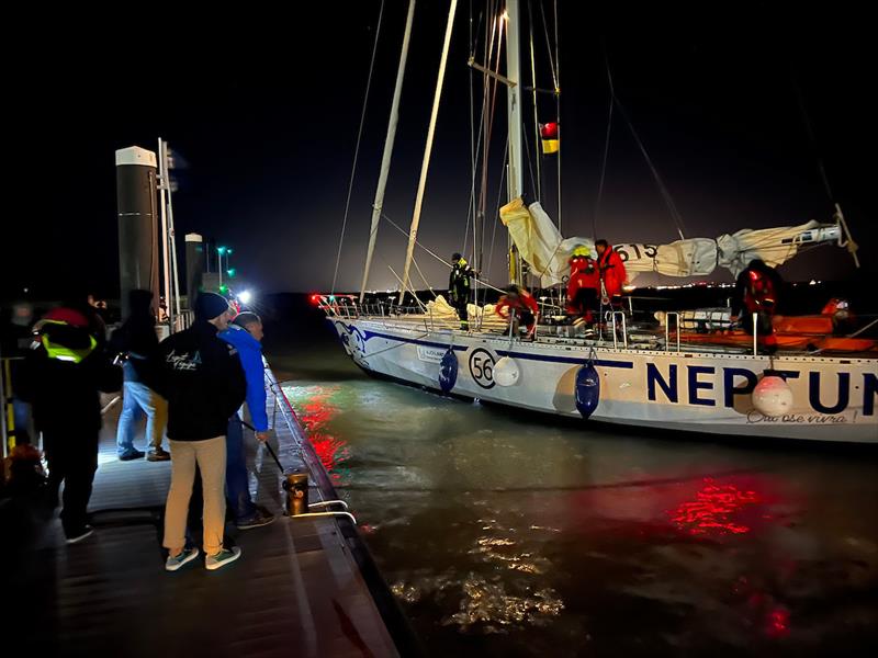 The French 60ft aluminum sloop, skippered by Tanneguy Raffray, was welcomed in by her many loyal vocal supporters - photo © Don McIntyre / OGR2023