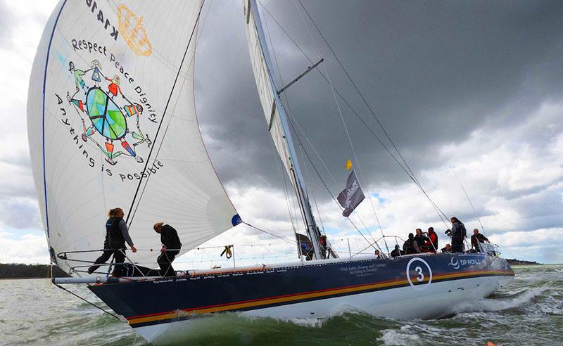 The Maiden crew demonstrates that “Anything is Possible.” photo copyright Tim Bishop/PPL / OGR2023 taken at Royal Yacht Squadron and featuring the Ocean Globe Race class