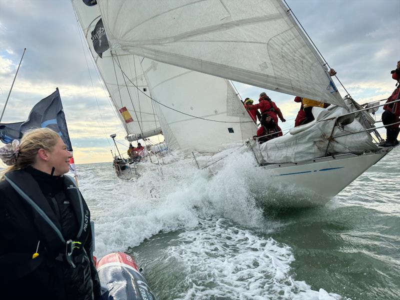 Maiden skipper Heather Thomas boarded the rib to greet Team White Shadow upon their arrival - photo © Aïda Valceanu / OGR2024