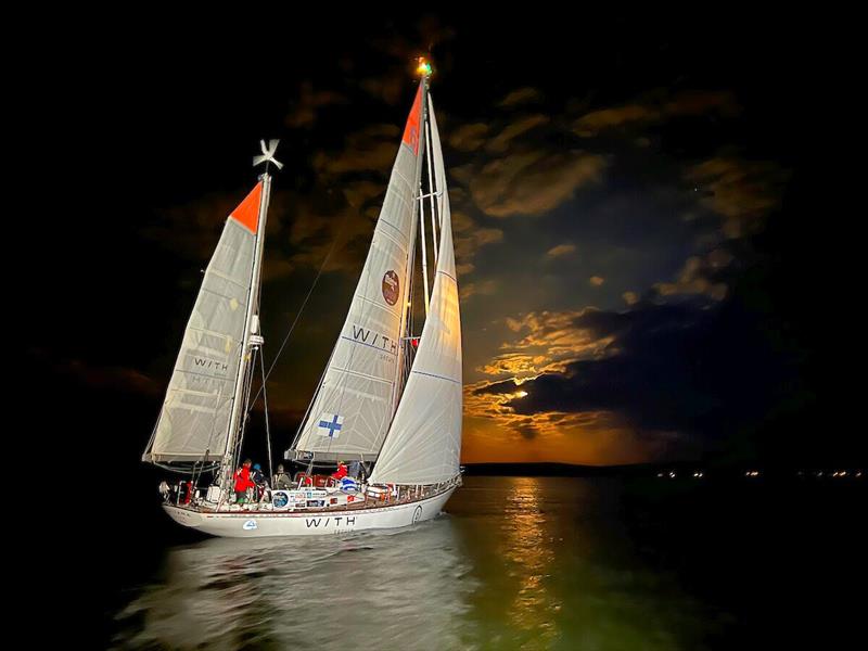 Team Galiana WithSecure gracefully drifting across the McIntyre Ocean Globe 2023-24 finish line photo copyright Don McIntyre / OGR2023 taken at  and featuring the Ocean Globe Race class