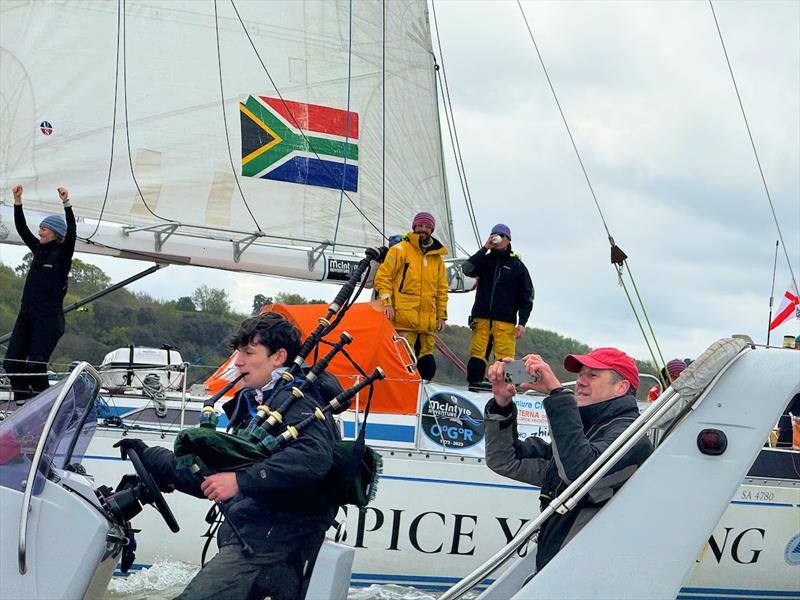 Two boats both with Bagpipes pushing out the South African National anthem to an emotional and excited crew of Sterna - photo © Aïda Valceanu/ OGR2023
