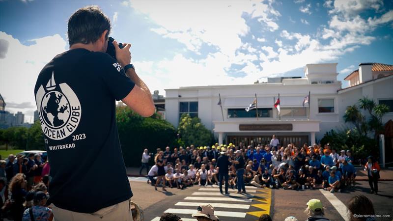 The 137 sailors of the 2023 Ocean Globe Race gather outside Yacht Club Punta del Este for the traditional fleet photograph before starting the final leg - photo © Pierre Maxime