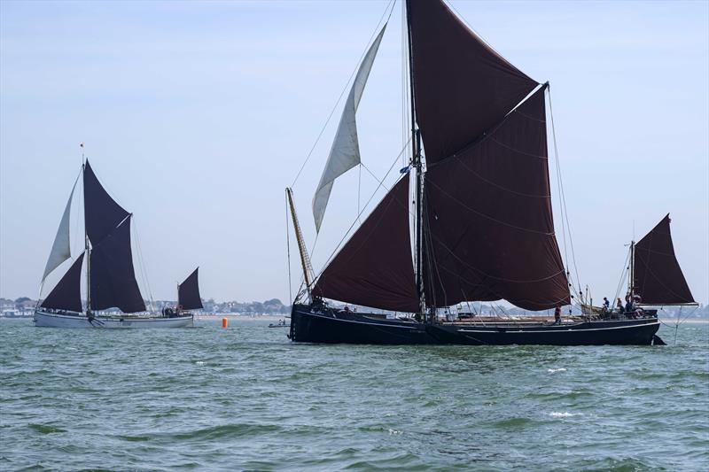 Adieu and Niagara on the start line during the Thames Barge Race on the Thames Estuary, hosted by Thorpe Bay Yacht Club photo copyright David Maynard / www.alleycatphotographer.com taken at Thorpe Bay Yacht Club and featuring the Gaffers class