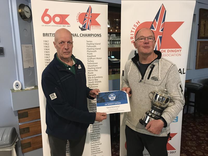 Keith Byers winner of North Sails voucher with OK Chair Bill Bradburn during the OK End of Season Championship at Burton photo copyright Karen Robertson taken at Burton Sailing Club and featuring the OK class