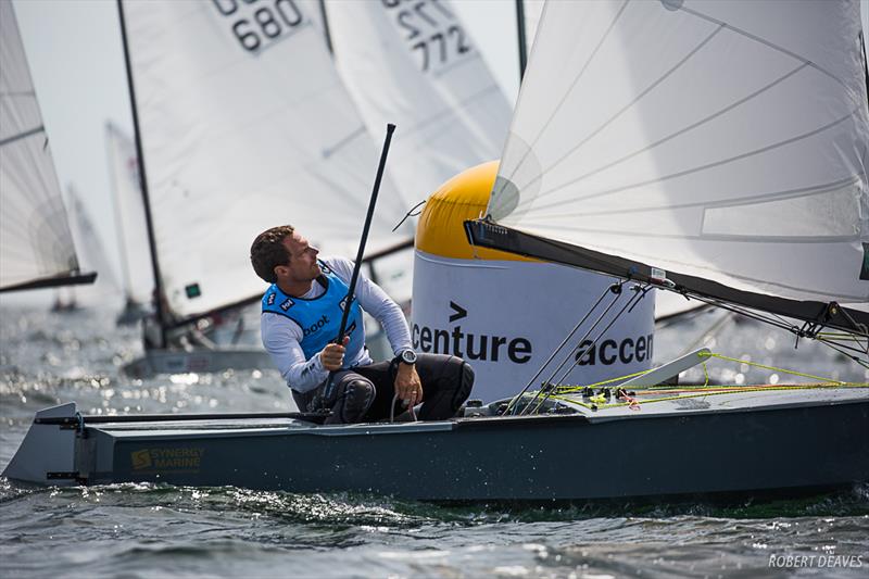 Valerian Lebrun during the OK Dinghy European Championship in Kiel, Germany photo copyright Robert Deaves taken at Kieler Yacht Club and featuring the OK class