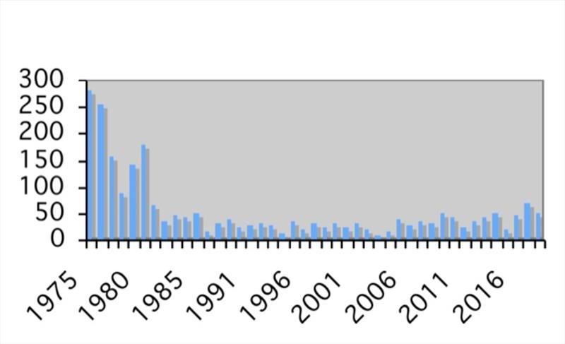 Graph showing the number of new boats registered each year since the OK Dinghy gained International Class status in 1975 - photo © OK Dinghy International Association