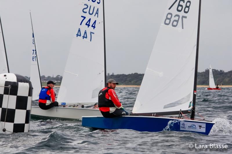 Mark Jackson finishes just ahead of Michael Horvarth - Australian OK Dinghy Nationals, Day 1 - photo © Lara Blasse
