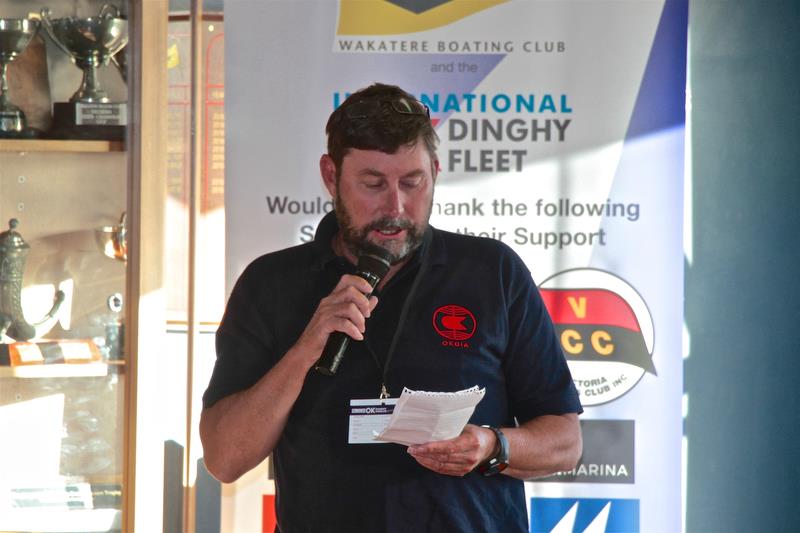 Int OK Dinghy Association President, Mark Jackson (AUS) speaking at the Opening function - Symonite OK Worlds, Wakatere BC - February photo copyright Richard Gladwell taken at Wakatere Boating Club and featuring the OK class
