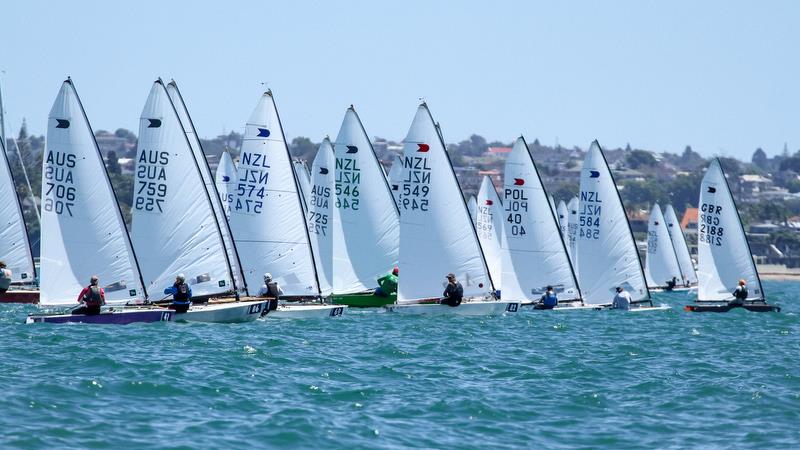 The fleet finally gets away on the sixth start - Symonite OK World Championships - Day 1, February 10, 2019 photo copyright Richard Gladwell taken at Wakatere Boating Club and featuring the OK class