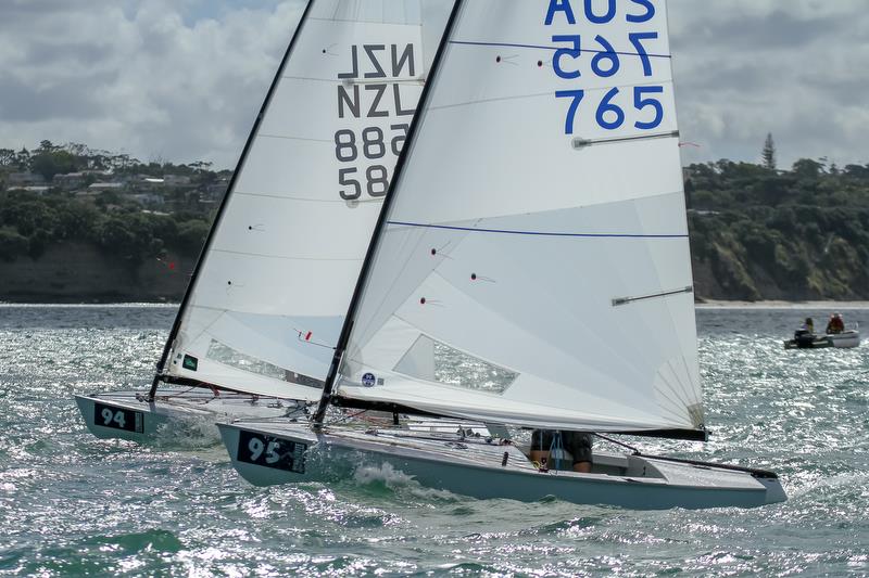 Bow to bow grind upwind - Day 3, Symonix OK World Championship, Wakatere Boating Club, February12, 2019 - photo © Richard Gladwell