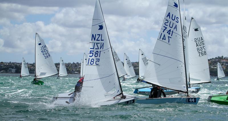 Gybe Mark contention - Day 3, Symonix OK World Championship, Wakatere Boating Club, February12, 2019 photo copyright Richard Gladwell taken at Wakatere Boating Club and featuring the OK class