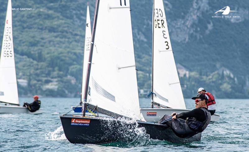 Series leader Valerian Lebrun, FRA - 2021 OK Dinghy International Regatta - Day 3 - photo © Emilio Santinelli / Circolo Vela Arco