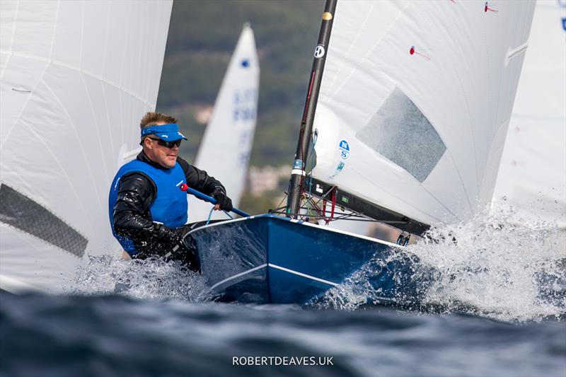 Russ Clark on day 2 of the OK Dinghy Europeans in Bandol photo copyright Robert Deaves / www.robertdeaves.uk taken at Société Nautique de Bandol and featuring the OK class