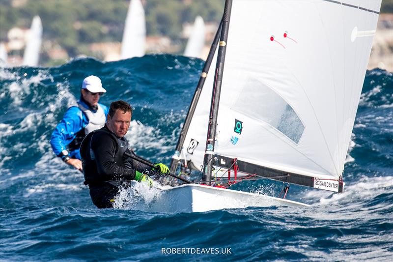 Nick Craig chases Stefan de Vries on day 3 of the OK Dinghy Europeans in Bandol - photo © Robert Deaves / www.robertdeaves.uk