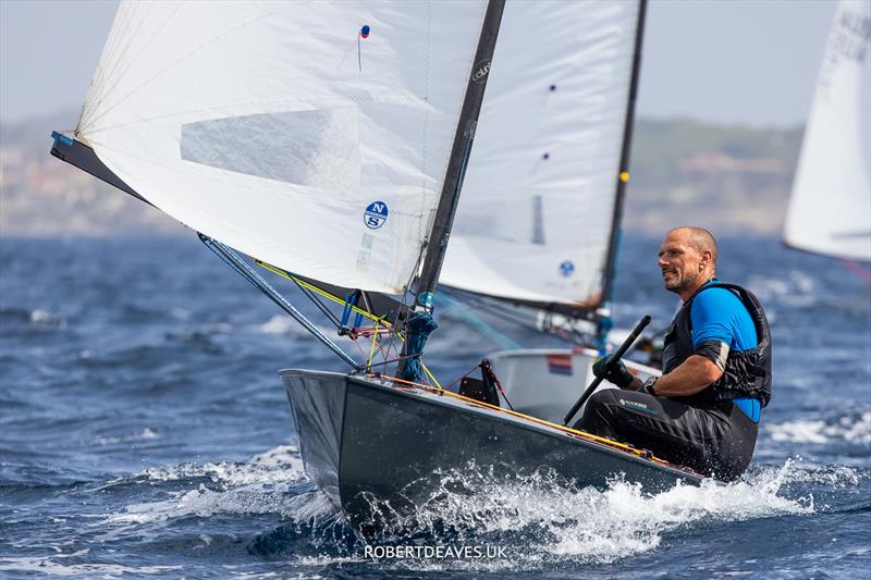 OK Dinghy Autumn Trophy in Bandol Day 3 - Dave Bourne was the early leader in Race 4 but was overtaken by Craig on the second upwind photo copyright Robert Deaves / www.robertdeaves.uk taken at Société Nautique de Bandol and featuring the OK class