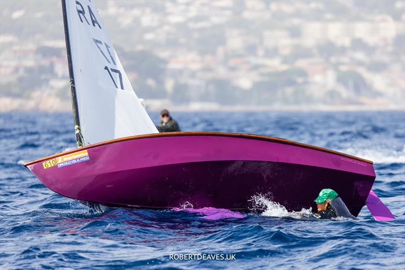 OK Dinghy Autumn Trophy in Bandol Day 3 - Henri Berenger was the only capsize of the day, but persevered to finish the race photo copyright Robert Deaves / www.robertdeaves.uk taken at Société Nautique de Bandol and featuring the OK class