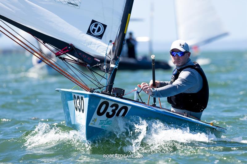 Andy Davis, GBR on day 4 of the 2024 OK Dinghy World Championship Brisbane photo copyright Robert Deaves / www.robertdeaves.uk taken at Royal Queensland Yacht Squadron and featuring the OK class