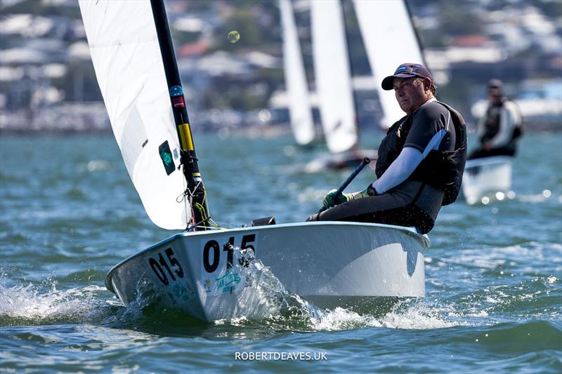 Mark Jackson, AUS on day 4 of the 2024 OK Dinghy World Championship Brisbane photo copyright Robert Deaves / www.robertdeaves.uk taken at Royal Queensland Yacht Squadron and featuring the OK class