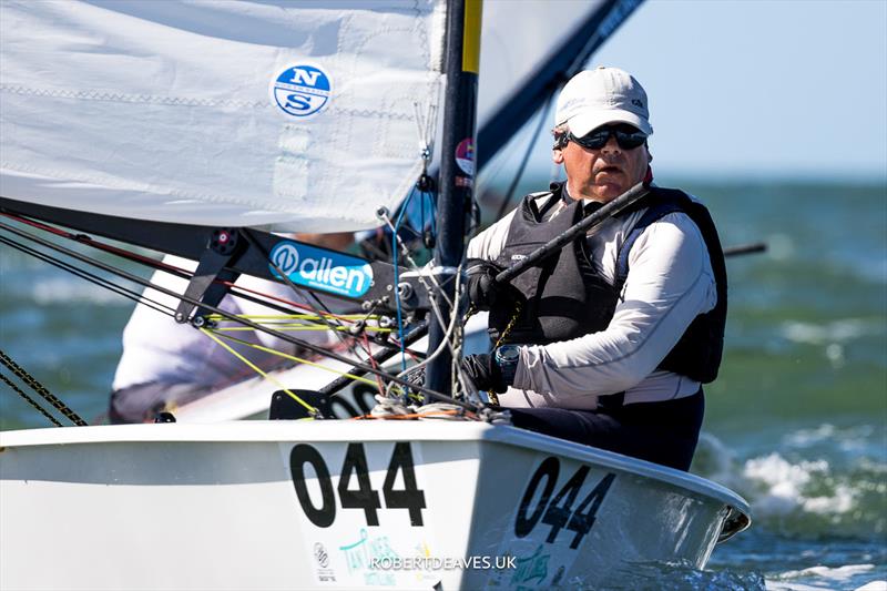 Simon Davis, GBR on day 4 of the 2024 OK Dinghy World Championship Brisbane photo copyright Robert Deaves / www.robertdeaves.uk taken at Royal Queensland Yacht Squadron and featuring the OK class