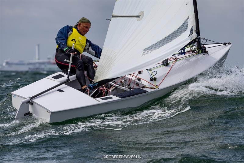 Stephen Butcher, ESP on day 3 of the OK Dinghy Europeans at Warnemünde photo copyright Robert Deaves / www.robertdeaves.uk taken at Warnemünder Segel-Club and featuring the OK class