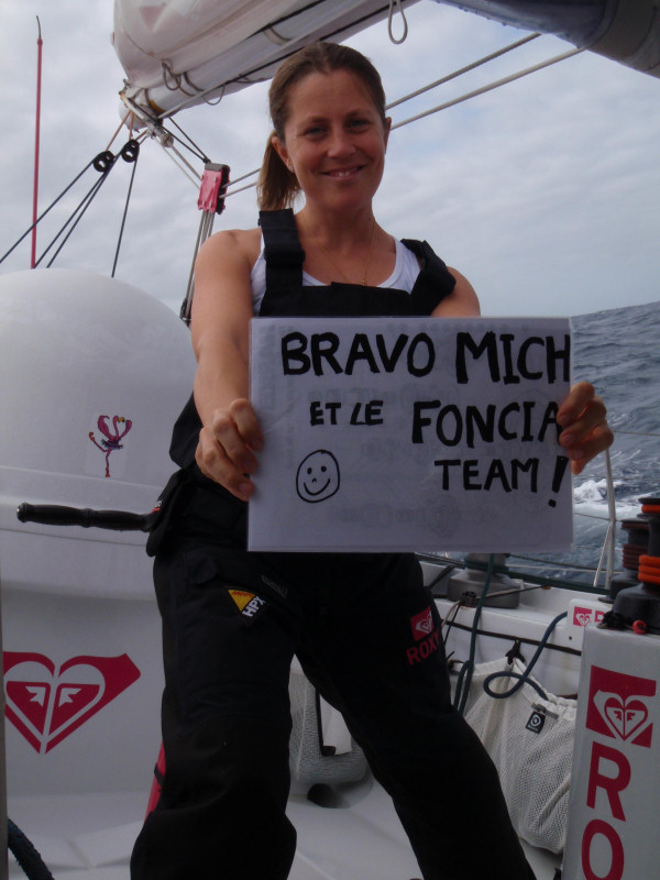 Sam Davies onboard Roxy congratulates Michel Desjoyeaux’ victory photo copyright Sam Davies / Roxy taken at  and featuring the IMOCA class