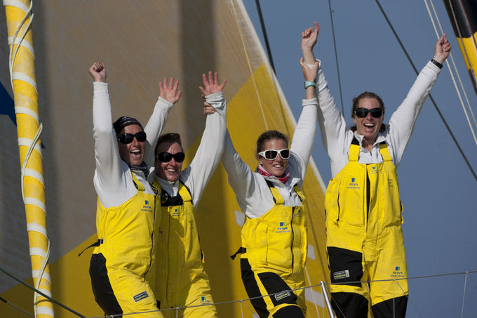 Dee Caffari and her all female crew onboard Aviva celebrate breaking the round Britain and Ireland record photo copyright Mark Lloyd / www.lloydimages.com taken at  and featuring the IMOCA class