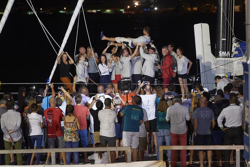 Meilhat celebrating his biggest win to date on the dock in Guadeloupe - 2018 Route du Rhum-Destination Guadeloupe - photo © Yvan Zedda