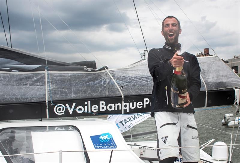 Armel Le'Cleac'h onboard Banque Populaire celebrates his win in the IMOCA class in The Transat 2016 photo copyright Lloyd Images taken at  and featuring the IMOCA class