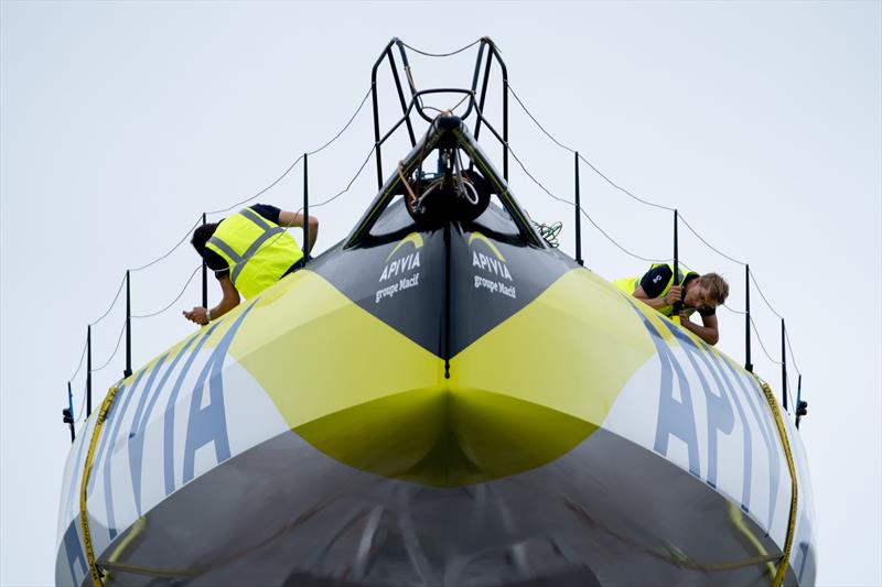 Apivia has a similar but less extreme bow treatment than Hugo Boss - Lorient, France, August 2019 photo copyright Maxime Horlaville taken at  and featuring the IMOCA class