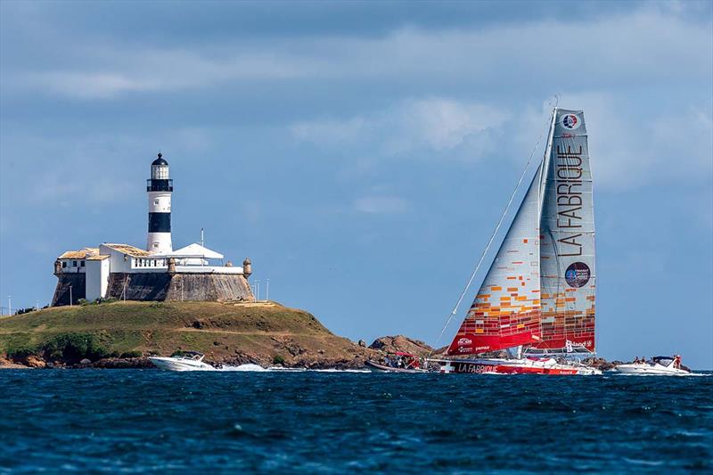 La Fabrique skippers Alan Roura and Sebastien Audigane take 21st place of the IMOCA category of the Transat Jacques Vabre on November 12, in Bahia, Brazil. Transat Jacques Vabre is a duo sailing race from Le Havre, France, to Salvador de Bahia, Brazil photo copyright Jean-Marie Liot / Alea taken at  and featuring the IMOCA class