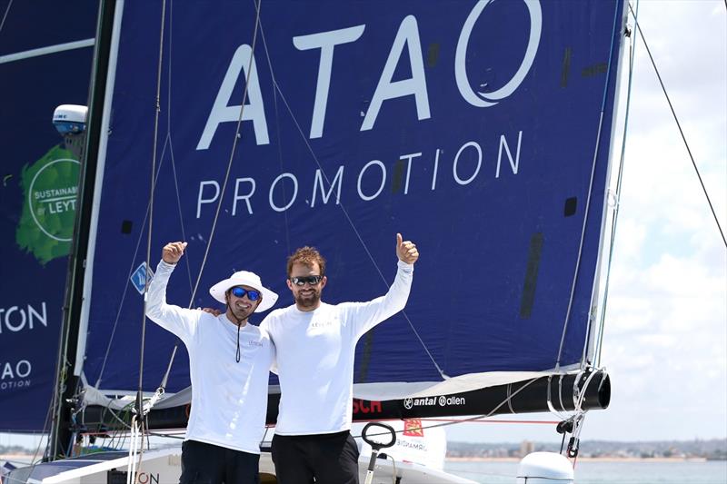 Leyton skippers Fabien Delahaye and Sam Goodchild celebrate taking 2nd place in the Class 40 category of the Transat Jacques Vabre on November 14, in Bahia, Brazil photo copyright Jean-Marie Liot / Alea taken at  and featuring the IMOCA class