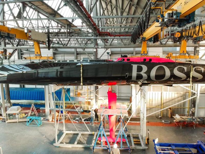 March 2020 - Southampton - Hugo Boss completes repairs and exits the shed after their keel was lost in 2019 TJV photo copyright Alex Thomson Racing taken at  and featuring the IMOCA class