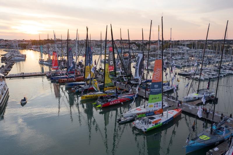 General view of the boats at the pontoons, taken by a drone, on the Vendee Globe race village in les Sables d'Olonne, France, on October 18, 2020 photo copyright Jean-Marie LIOT / Alea taken at  and featuring the IMOCA class