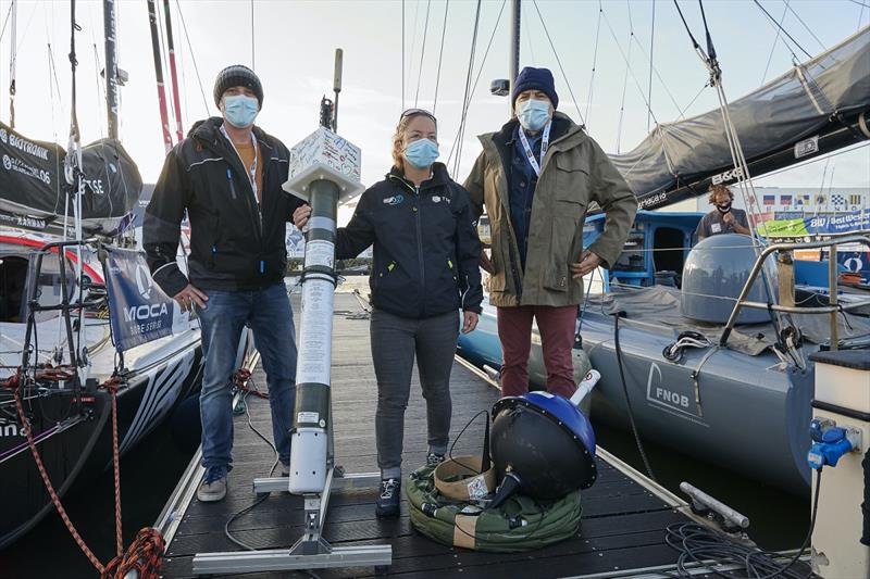 Meteo France is providing sustainability indicators buoys for skippers to immerse at specific waypoints, here Alexia Barrier, during the Vendée Globe prestart in les Sables d'Olonne, France, on October 21, 2020 photo copyright Yvan Zedda / Alea taken at  and featuring the IMOCA class