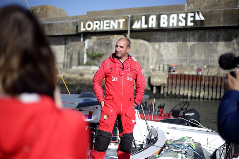 Damien Seguin, back in Lorient after his dismasting on the Route du Rhum - Destination Guadeloupe photo copyright Vendée Globe taken at  and featuring the IMOCA class