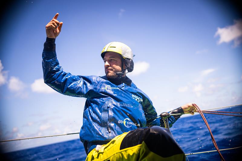 The Ocean Race Leg 2, Day 8 onboard Holcim - PRB Team. Sam Goodchild indicating to the cockpit photo copyright Georgia Schofield | polaRYSE / Holcim - PRB taken at  and featuring the IMOCA class