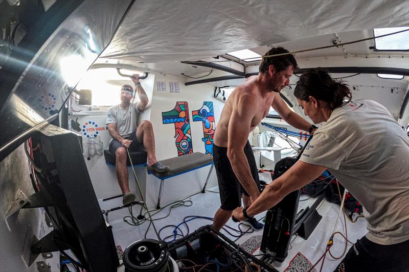 05 February 2023, Onboard 11th Hour Racing Team during Leg 2, Day 12. Charlie Enright in the driving seat with the mainsheet in hand while Jack Bouttell and Justine Mettraux grind - photo © Amory Ross / 11th Hour Racing / The Ocean Race