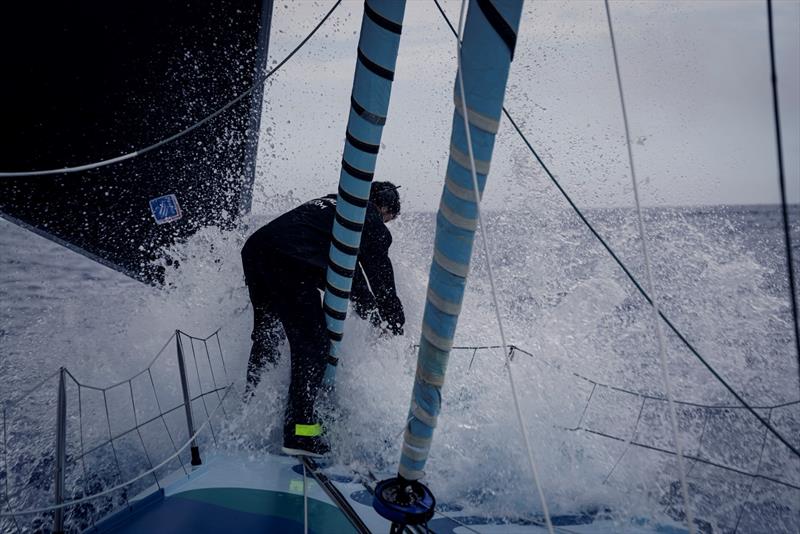 The Ocean Race 6 February 2023, Leg 2, Day 13 onboard Biotherm. Anthony Marchand in the bow confronting the waves photo copyright Anne Beauge / Biotherm taken at  and featuring the IMOCA class