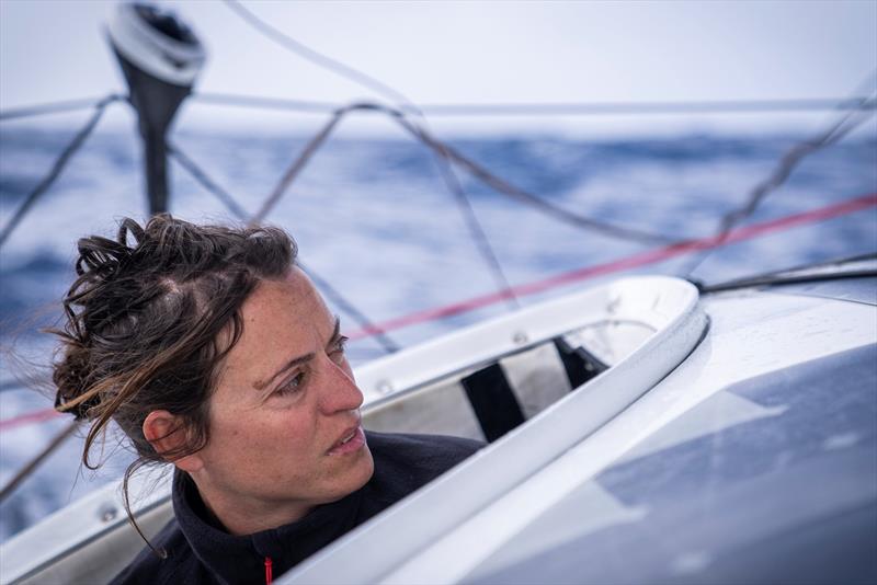 The Ocean Race 2022-23 - 01 March 2023, Leg 3, Day 3 onboard 11th Hour Racing Team. Justine Mettraux checking trim on the new sheet after a gybe photo copyright Amory Ross / 11th Hour Racing / The Ocean Race taken at  and featuring the IMOCA class