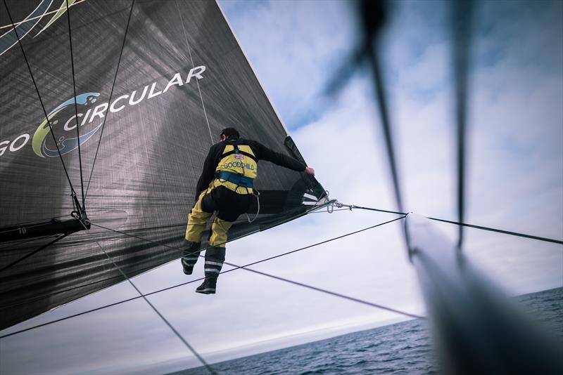 The Ocean Race 2022-23 Leg 3 Day 21 onboard Team Holcim - PRB. Sam Goodchild checking the sails photo copyright Julien Champolion | polaRYSE / Holcim - PRB / The Ocean Race taken at  and featuring the IMOCA class