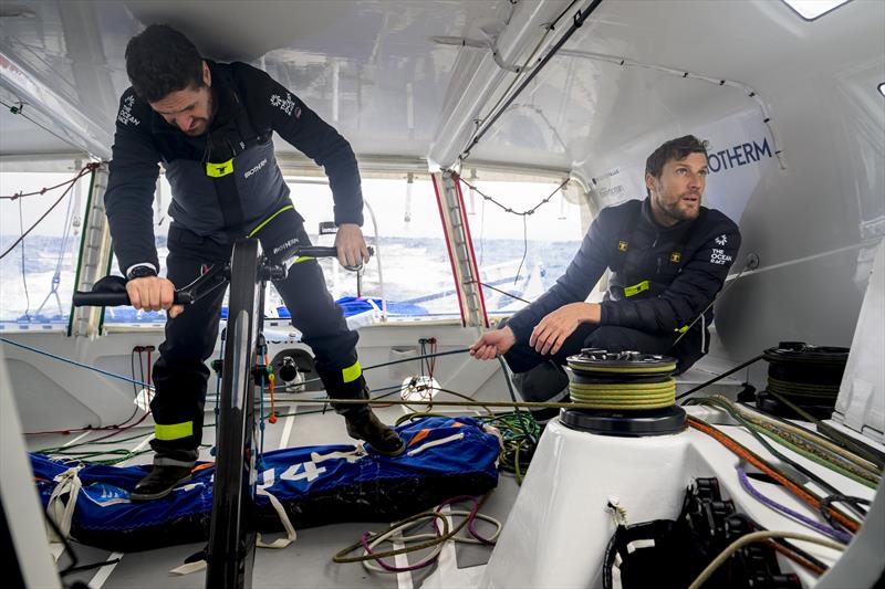 The Ocean Race 2022-23 Leg 3, Day 22 onboard Biotherm. Anthony Marchand and skipper Paul Meilhat trimming the sails in the cockpit - photo © Ronan Gladu / Biotherm / The Ocean Race